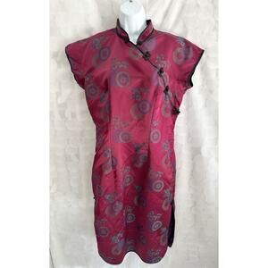 Vtg Ruby Red Long Cheongsam Qipao Dress Cap Sleeve Medallion Print ELEGANT Med